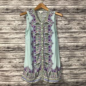 J Jill Shirt Womens Petite Medium Purple Green Paisley Floral Button Front Boho